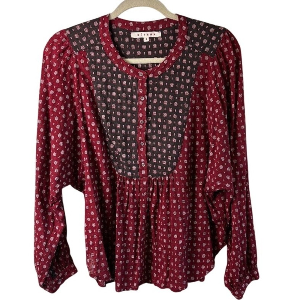 Xirena Burgundy Cotton Boho Blouse Women's S Lightweight Geometric Print
